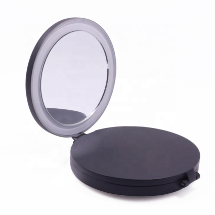 Compact Triple-Sided Travel Mirror with LED Light (5x and 10x Magnification) - Black